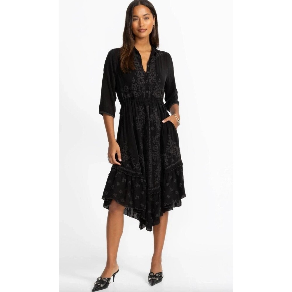 Johnny Was Vipiana Black Embroidered Midi Dress M NWT MSRP$528 Western Boho Slip - Picture 2 of 3